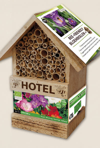 Bienenhotel mit Freesiaknollen