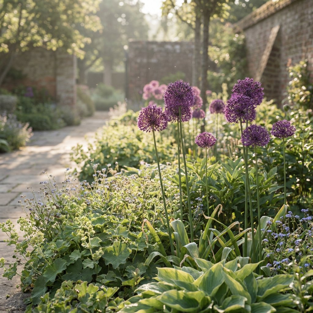 Purple allium flower heads rise above fading leaves in a sunny European garden border, showing ornamental onions returning as hardy perennials.