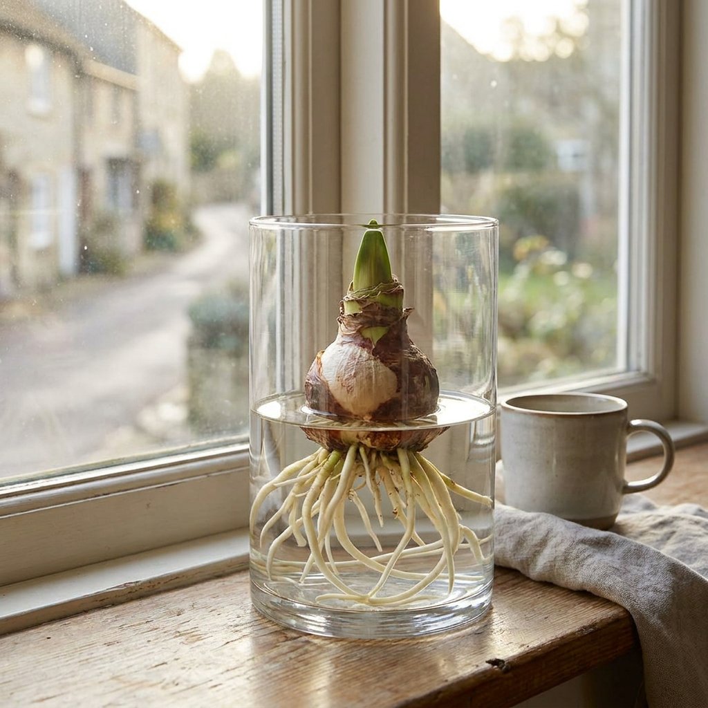 Amaryllis bulb suspended above water in a clear glass vase on a bright windowsill, with white roots visible in soft natural daylight.