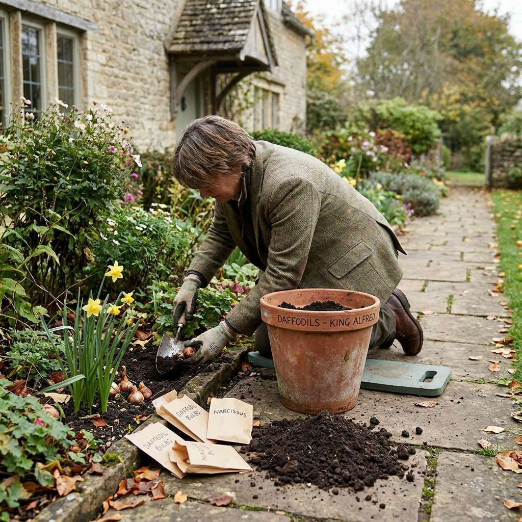 Gardener planting daffodil bulbs in a sunny autumn garden, with terracotta pots, loose soil and spring bulbs ready beside a flower border.