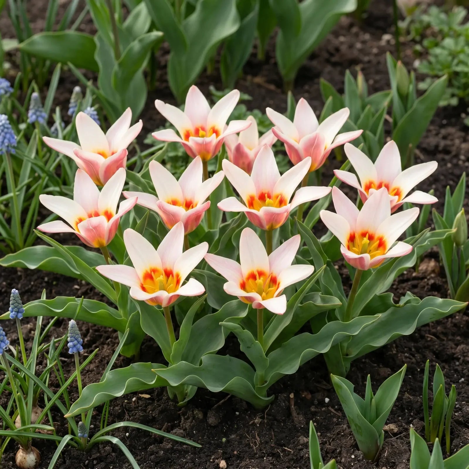 Tulipa Ancilla waterlelie-tulp in een voorjaarsborder