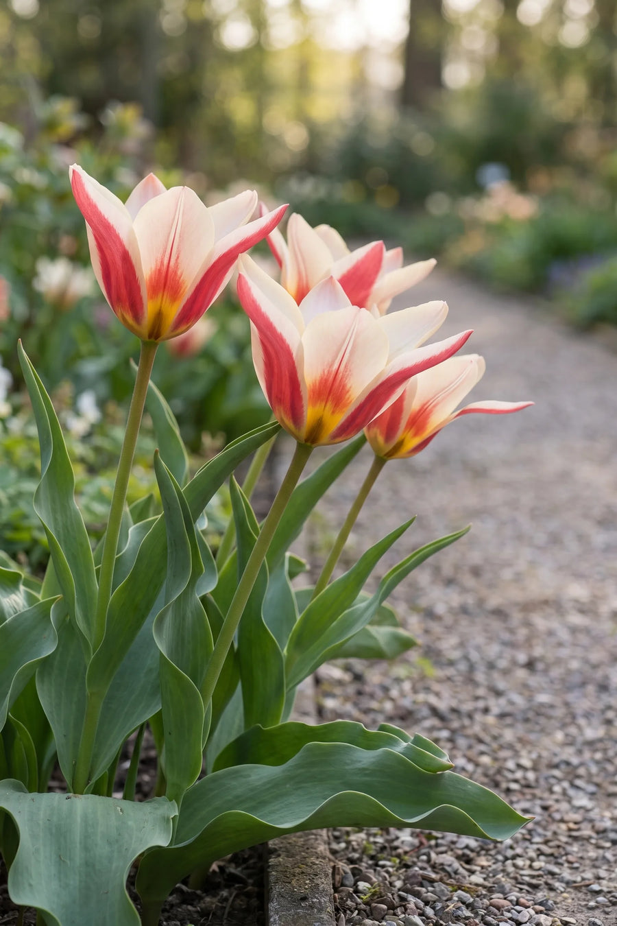 Tulipa Ancilla in bloei in een voorjaarsborder
