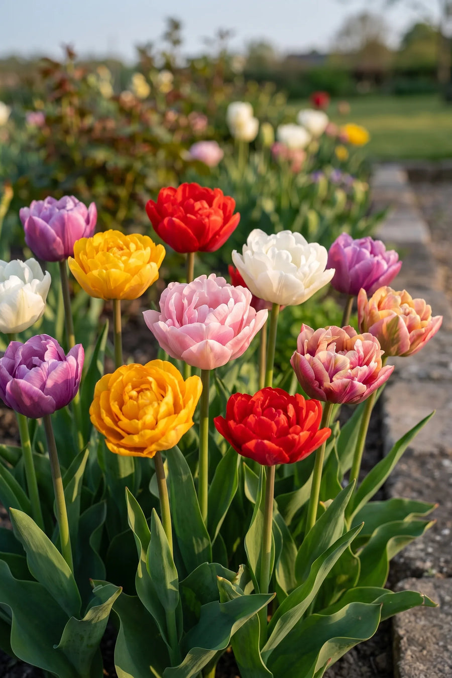 Groep Tulipa Double Early Mixed in een tuinborder