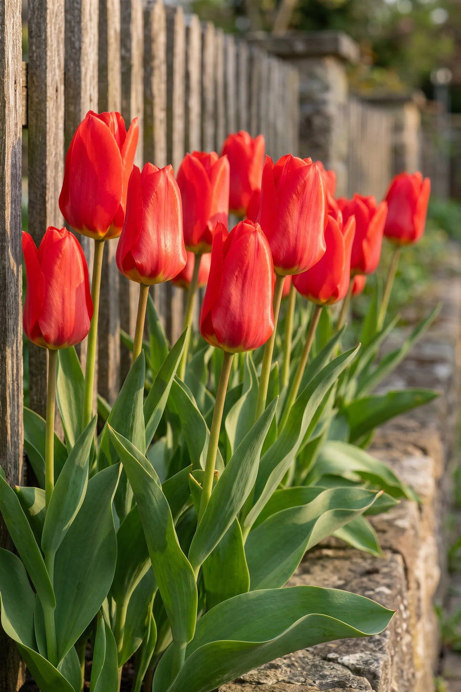 Groep Tulipa Red Emperor in een tuinborder