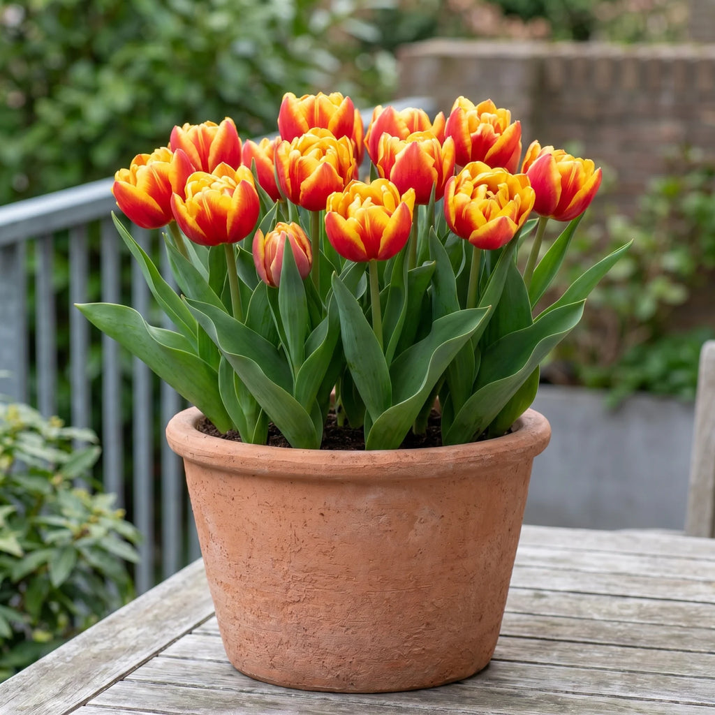 Tulipa Cilesta in een terracotta pot op een terras