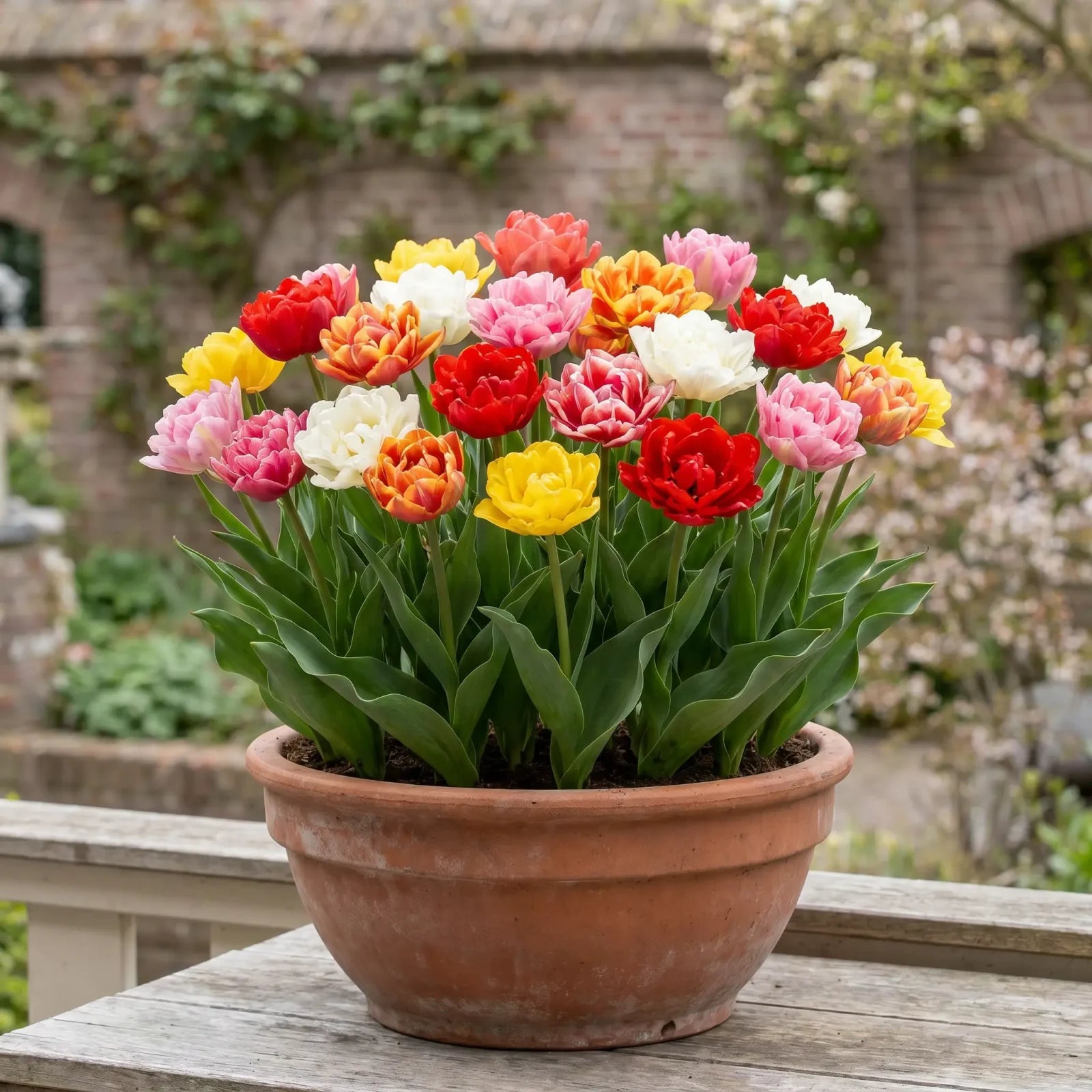 Gemengde dubbele vroege tulpen in een terracotta pot op een terras