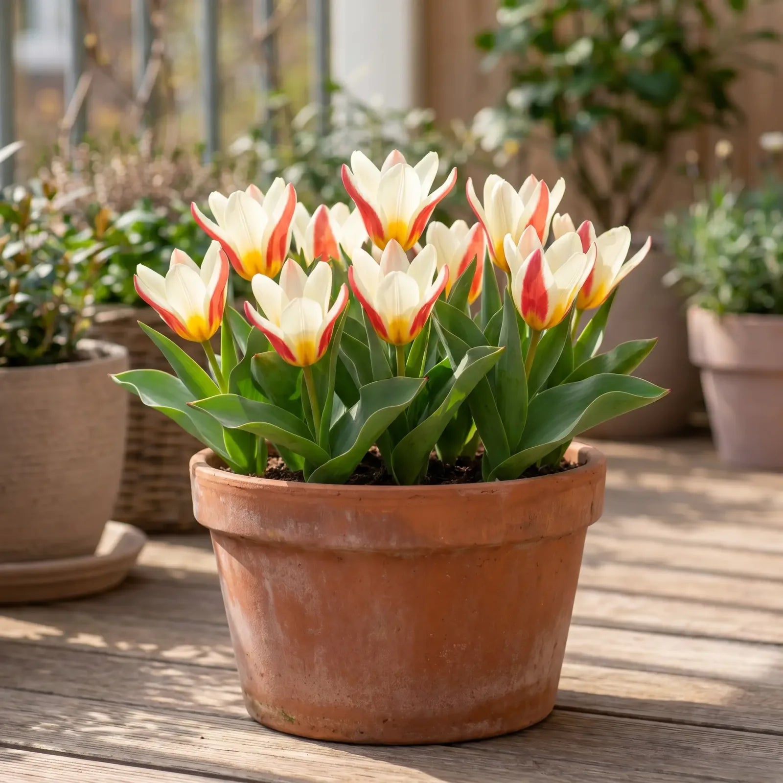Tulipa The First in een terracotta pot op een terras