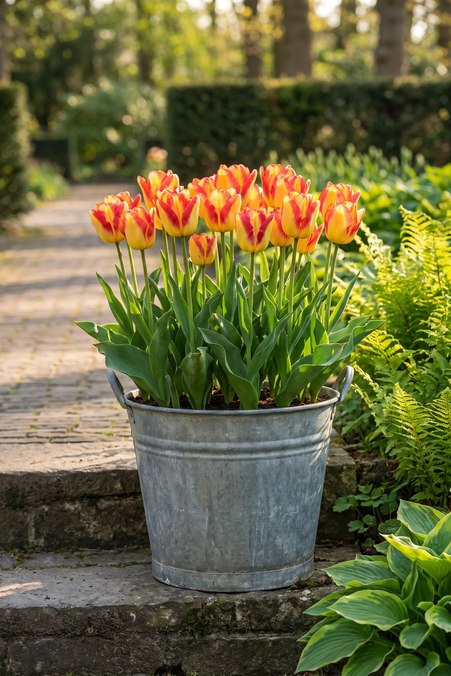 Tulipa Cape Town in een pot op een terras