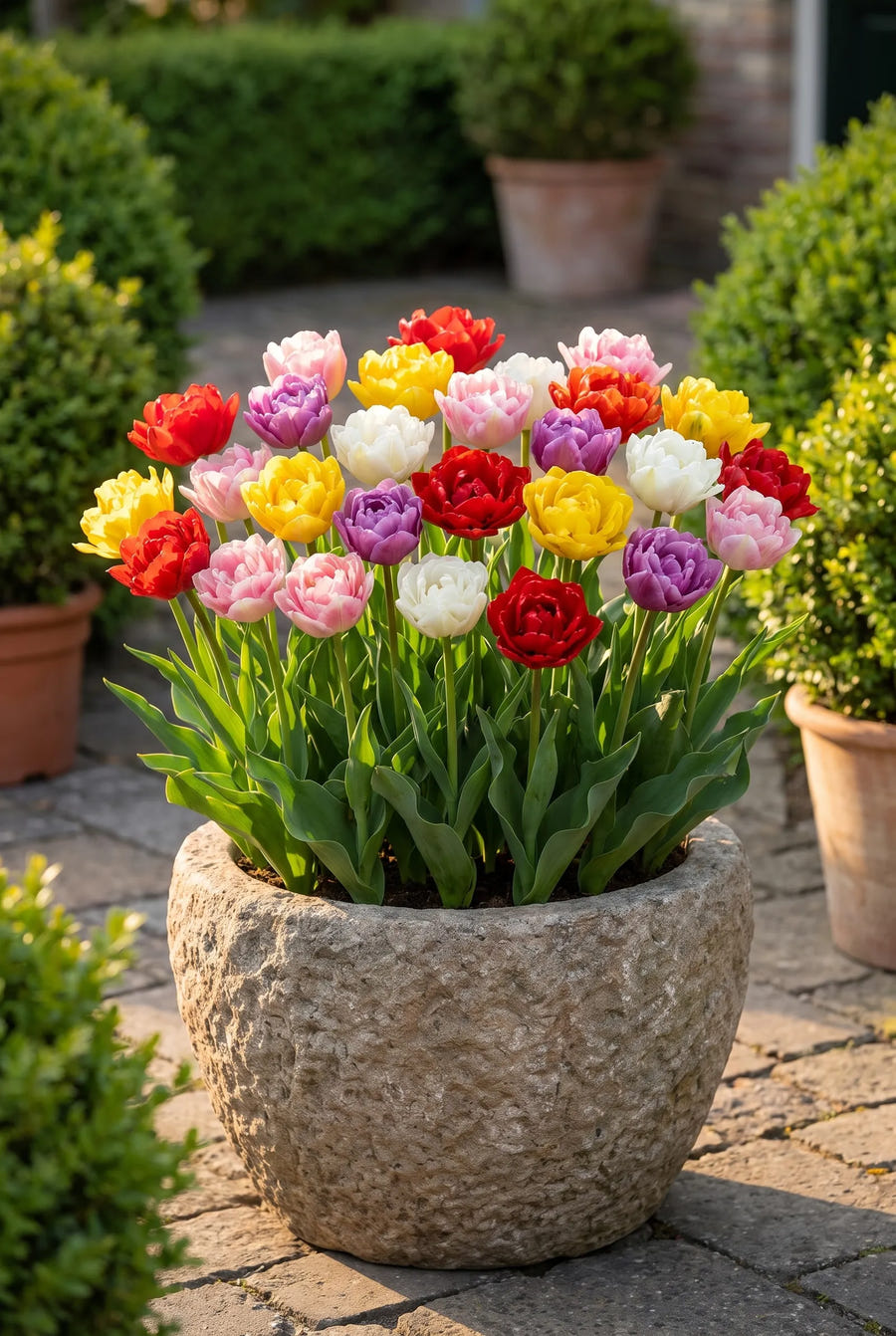 Tulipa Double Early Mixed — in pot op terras