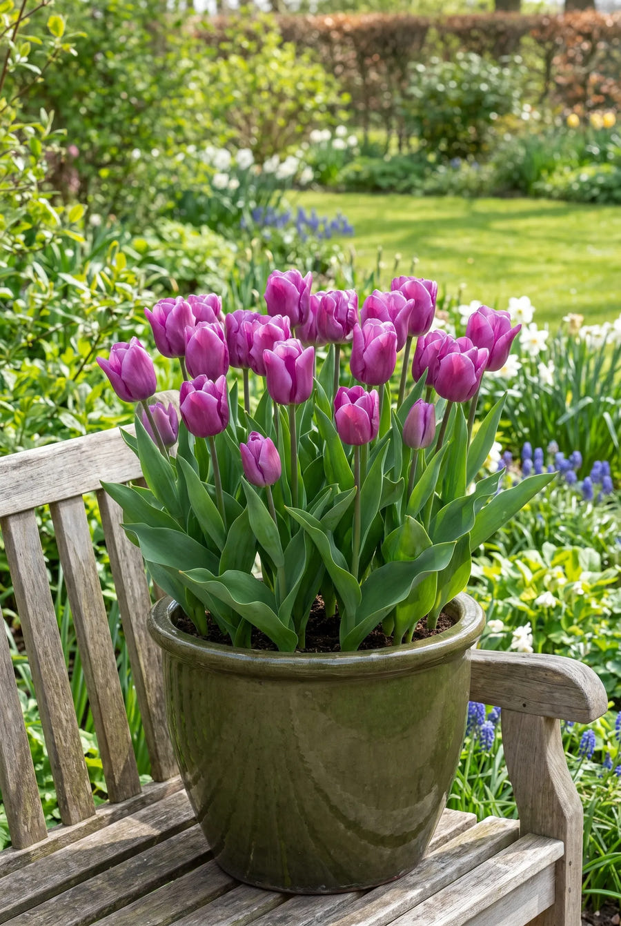 Tulipa Passio Glossy — in pot op terras