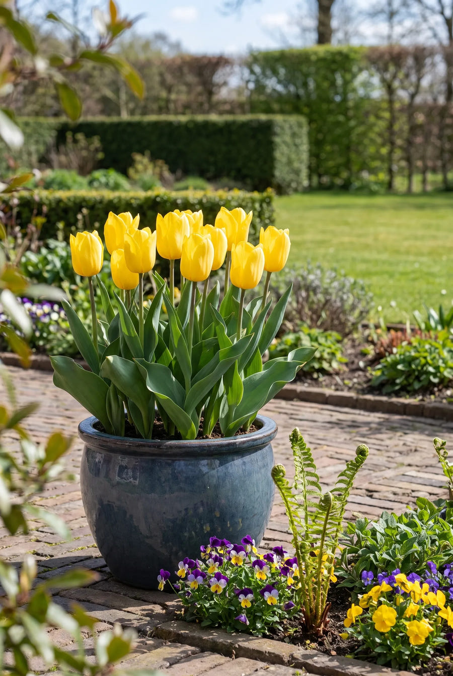 Tulipa Strong Gold — in pot op terras
