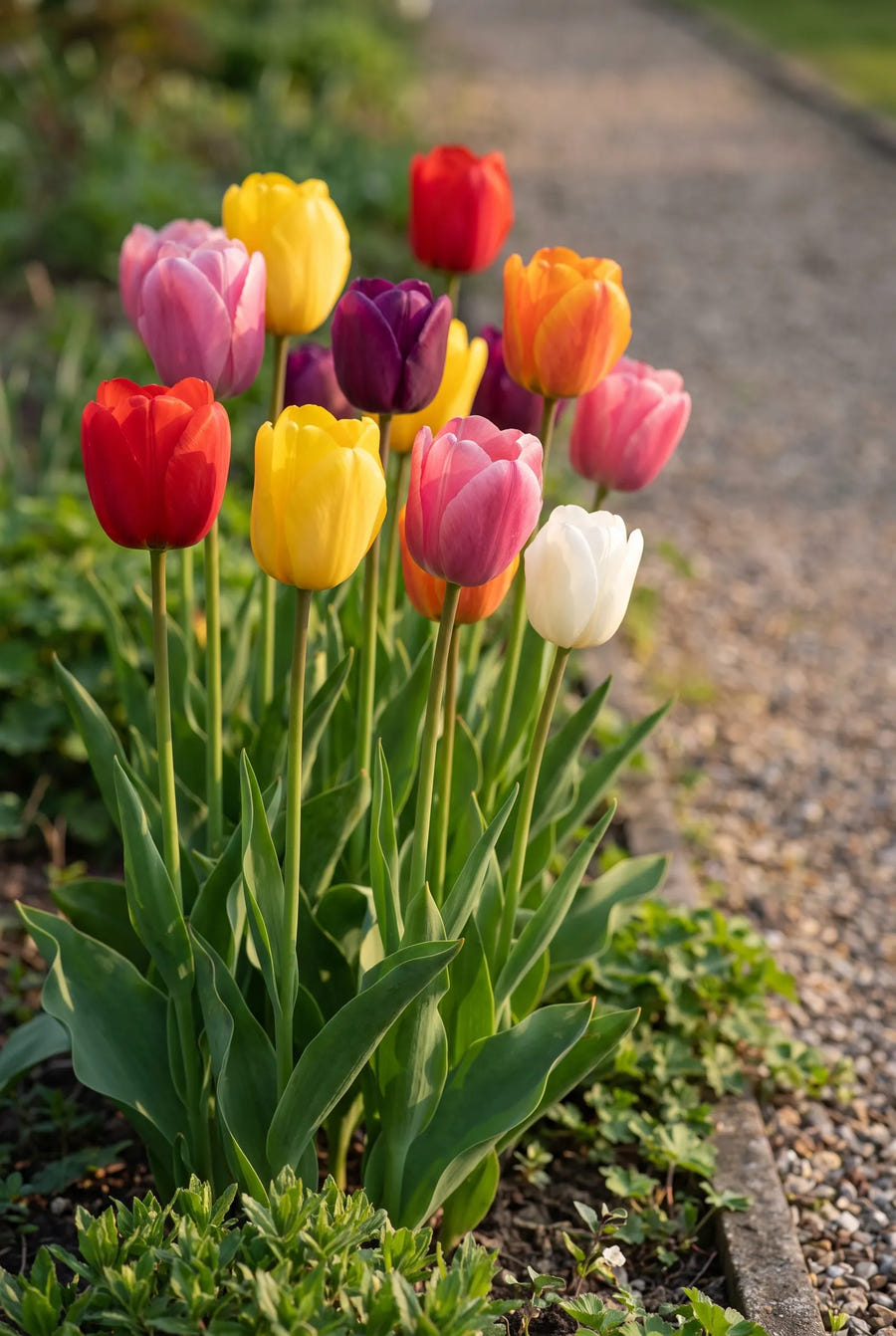 Tulipa Triumph Mixed — groep in de tuinborder