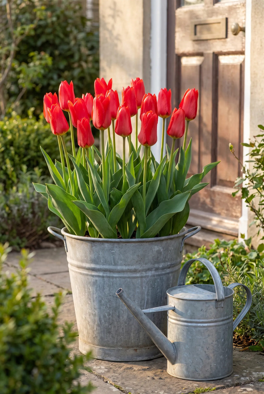 Tulipa Red Emperor — in pot op terras