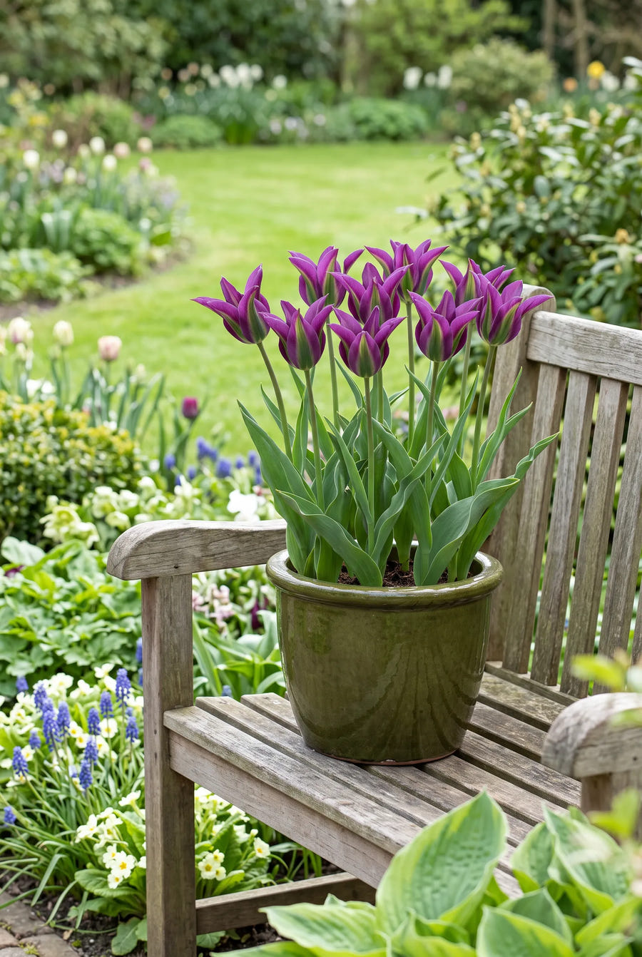 Tulipa Purple Doll — in pot op terras