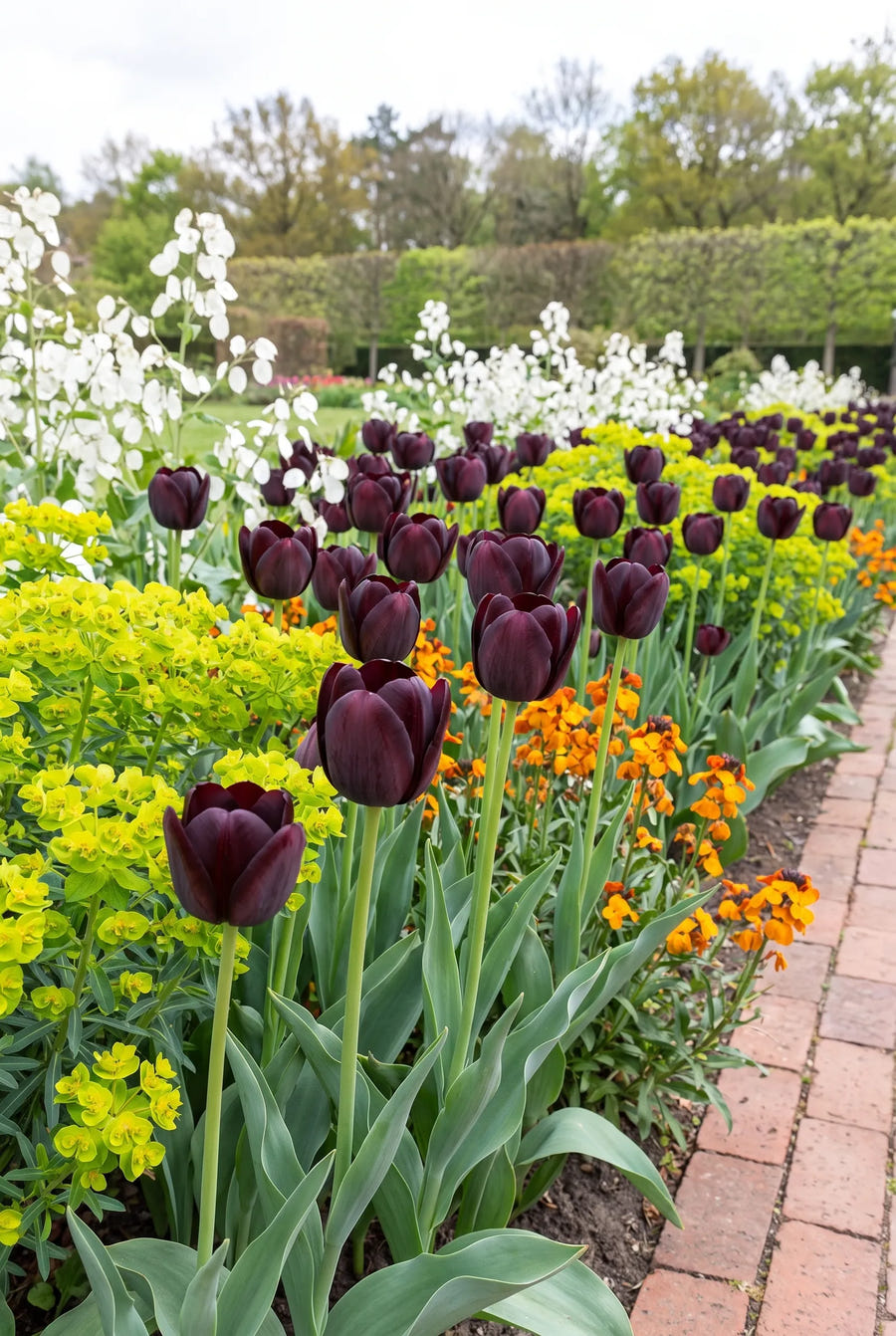 Tulipa Queen of Night groep in de tuinborder