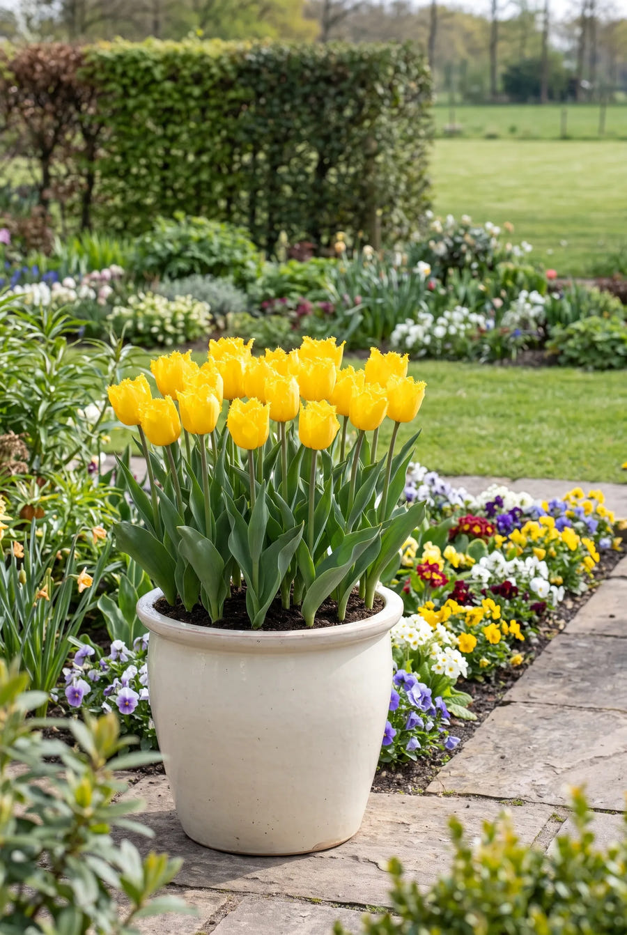 Tulipa Crystal Star in pot op terras