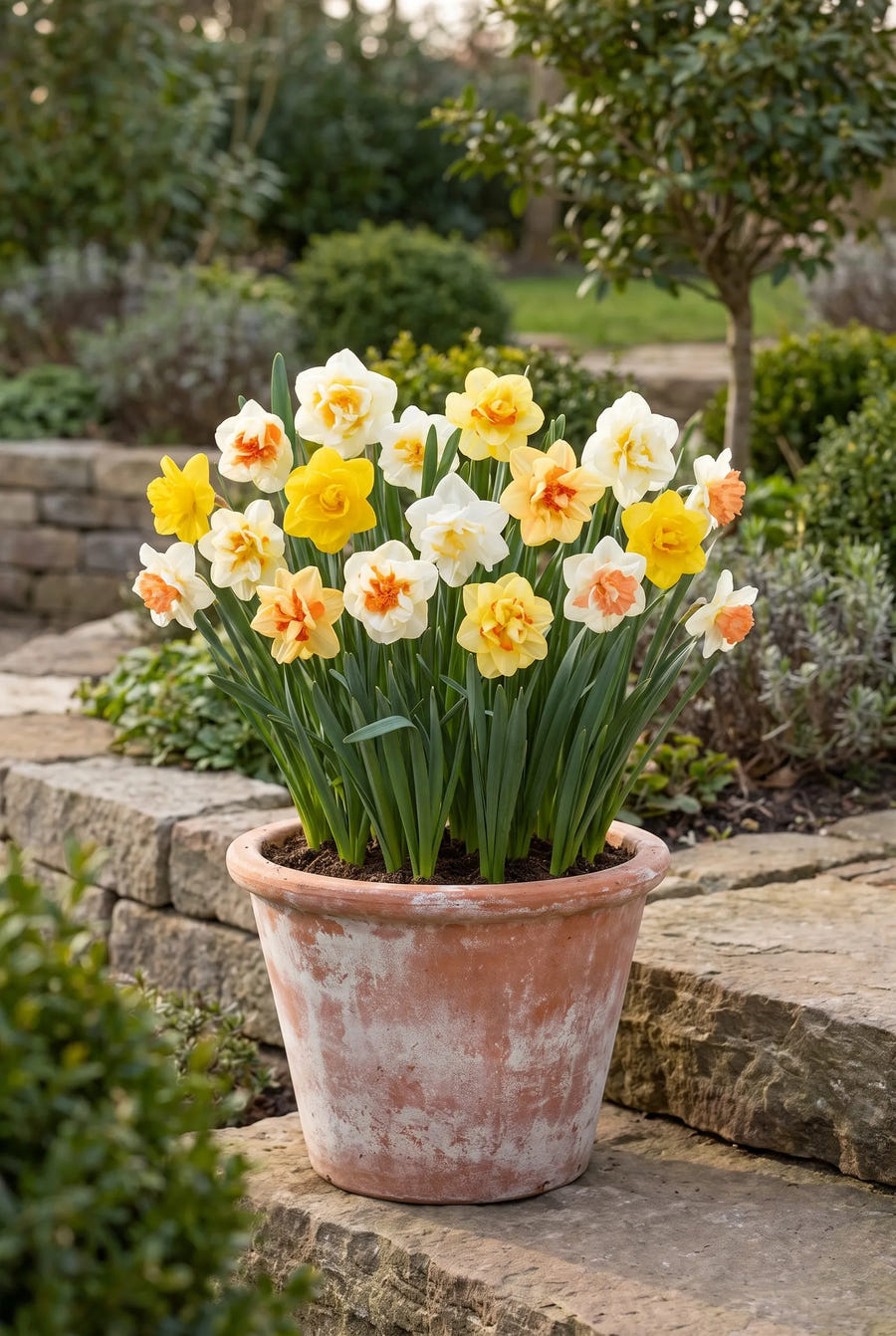 Narcissus Double Mixed — in pot op terras