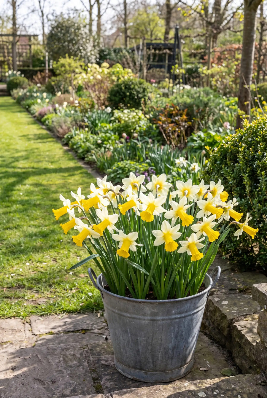 Narcissus Mother Duck — in pot op terras