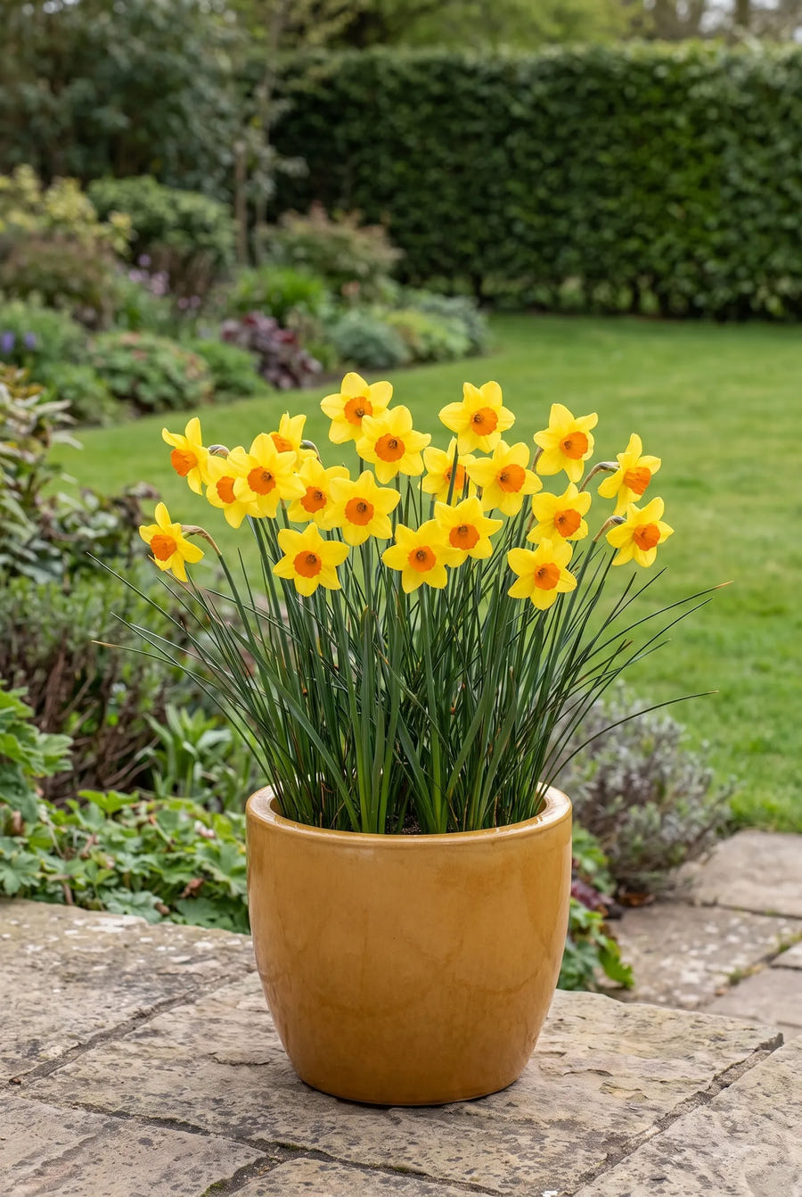 Narcissus Suzy — in pot op terras