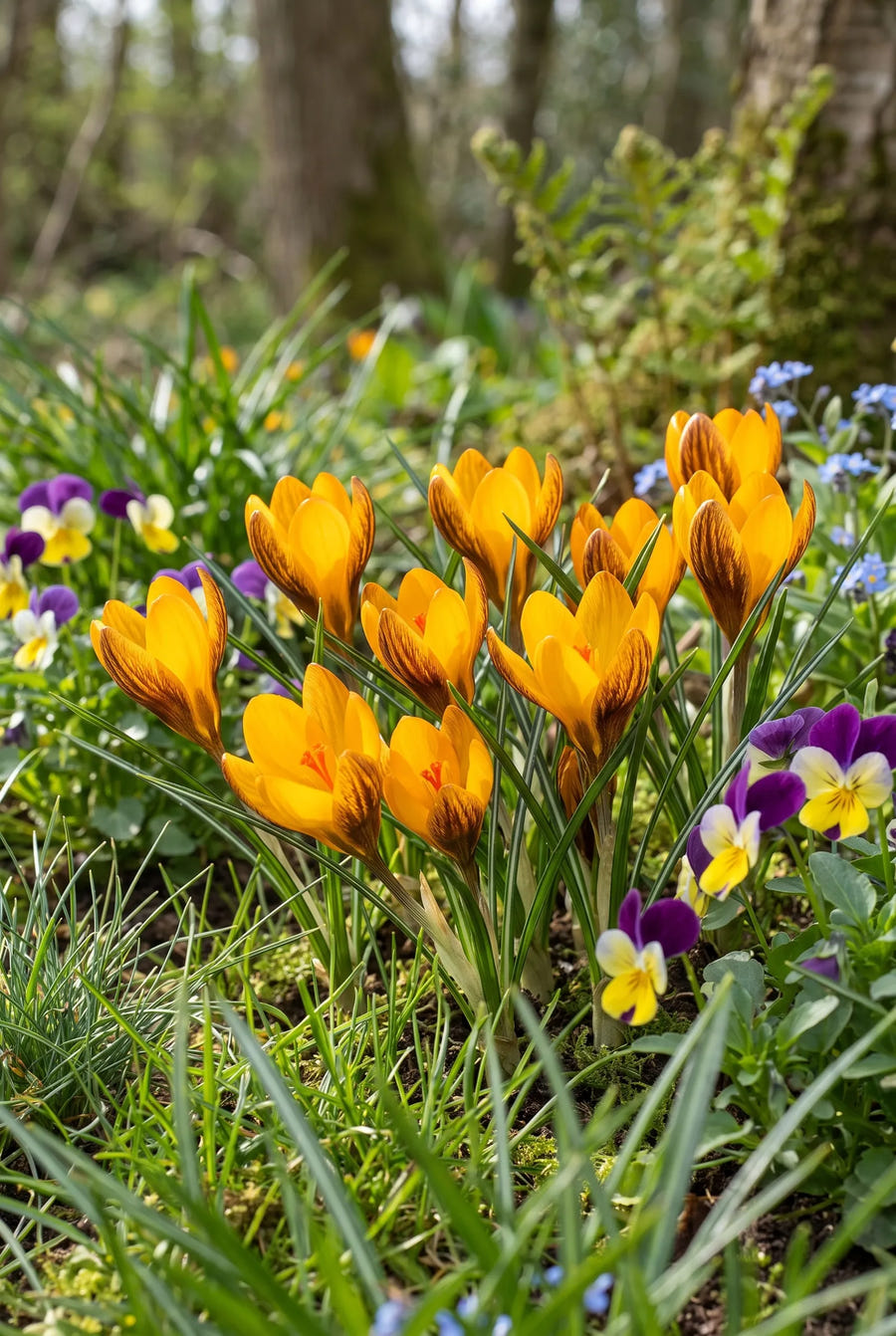 Crocus Orange Monarch — groep in de tuinborder