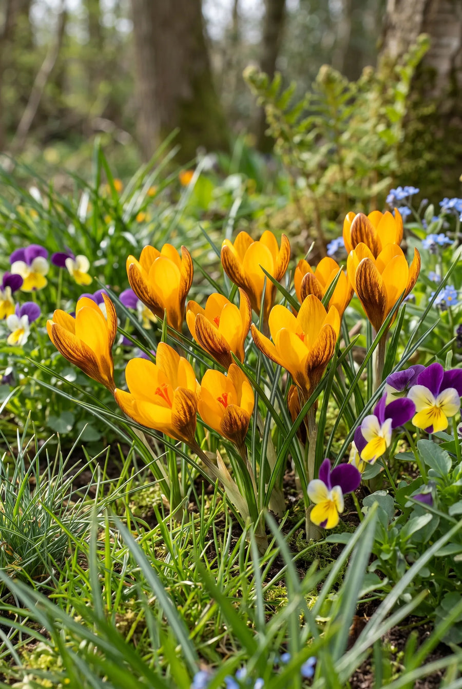 Crocus Orange Monarch — groep in de tuinborder