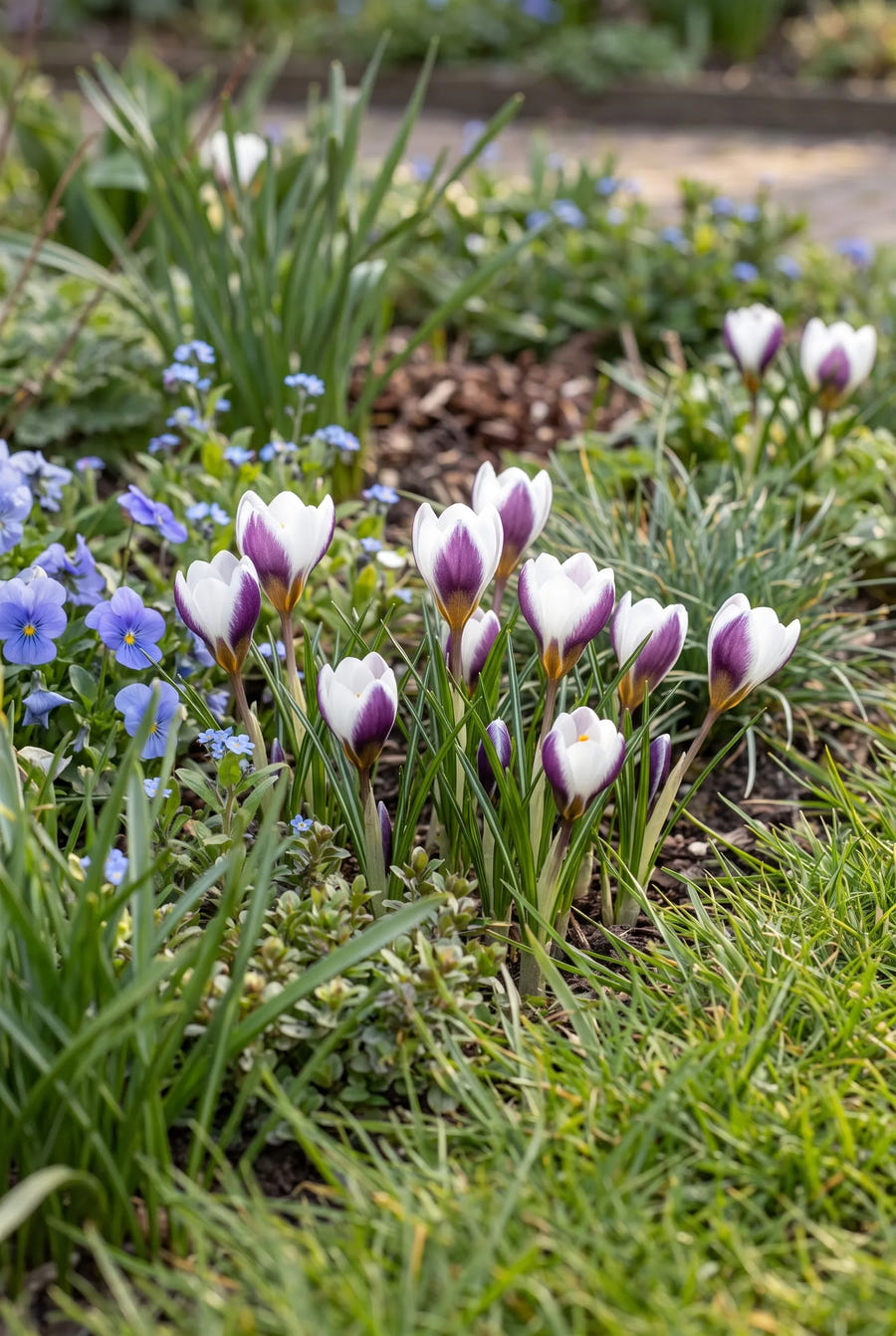 Crocus Prins Claus — groep in de tuinborder