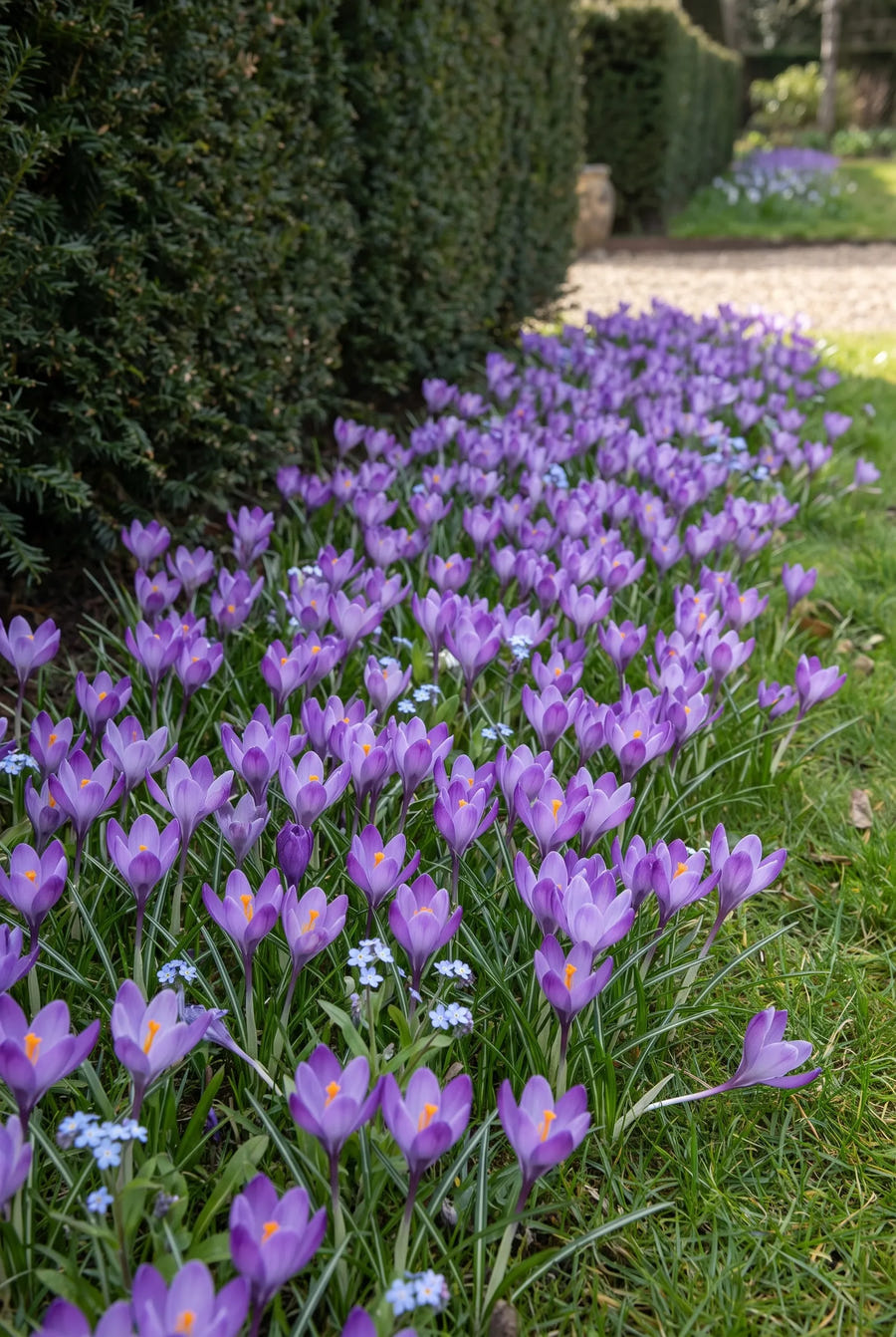 Crocus Whitewell Purple — groep in de tuinborder