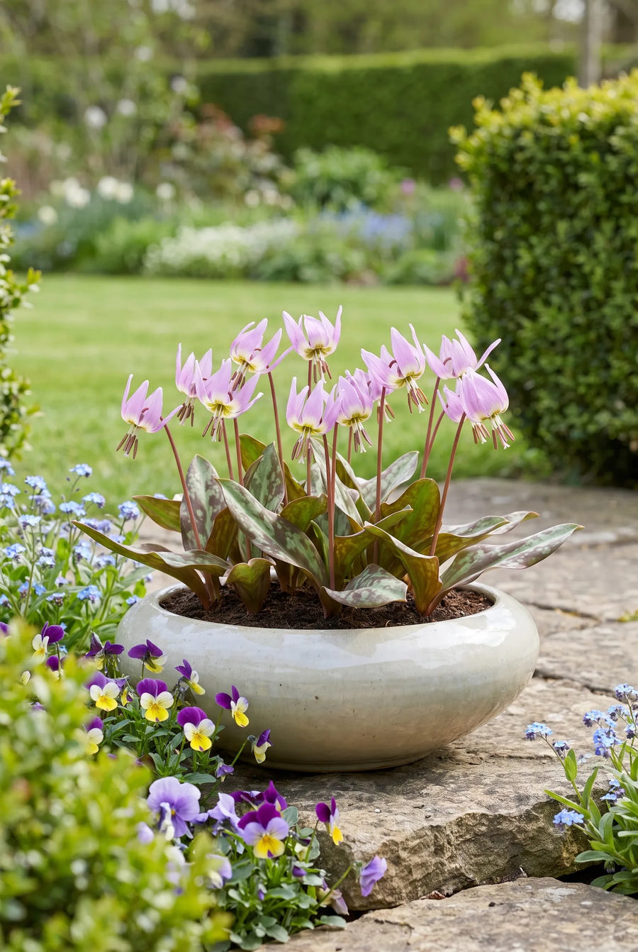 Erythronium Purple King — in pot op terras