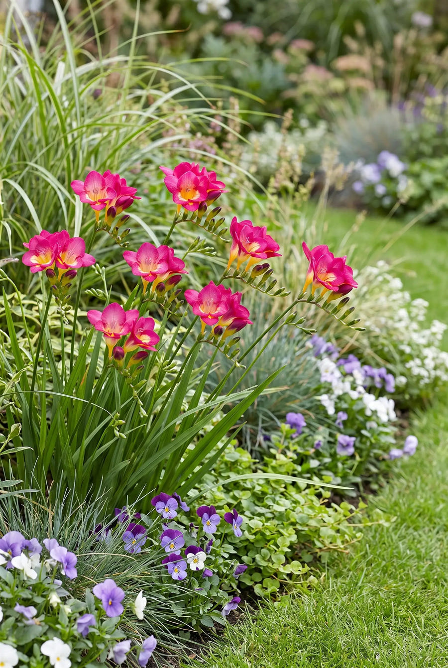 Freesia Pink — groep in de tuinborder