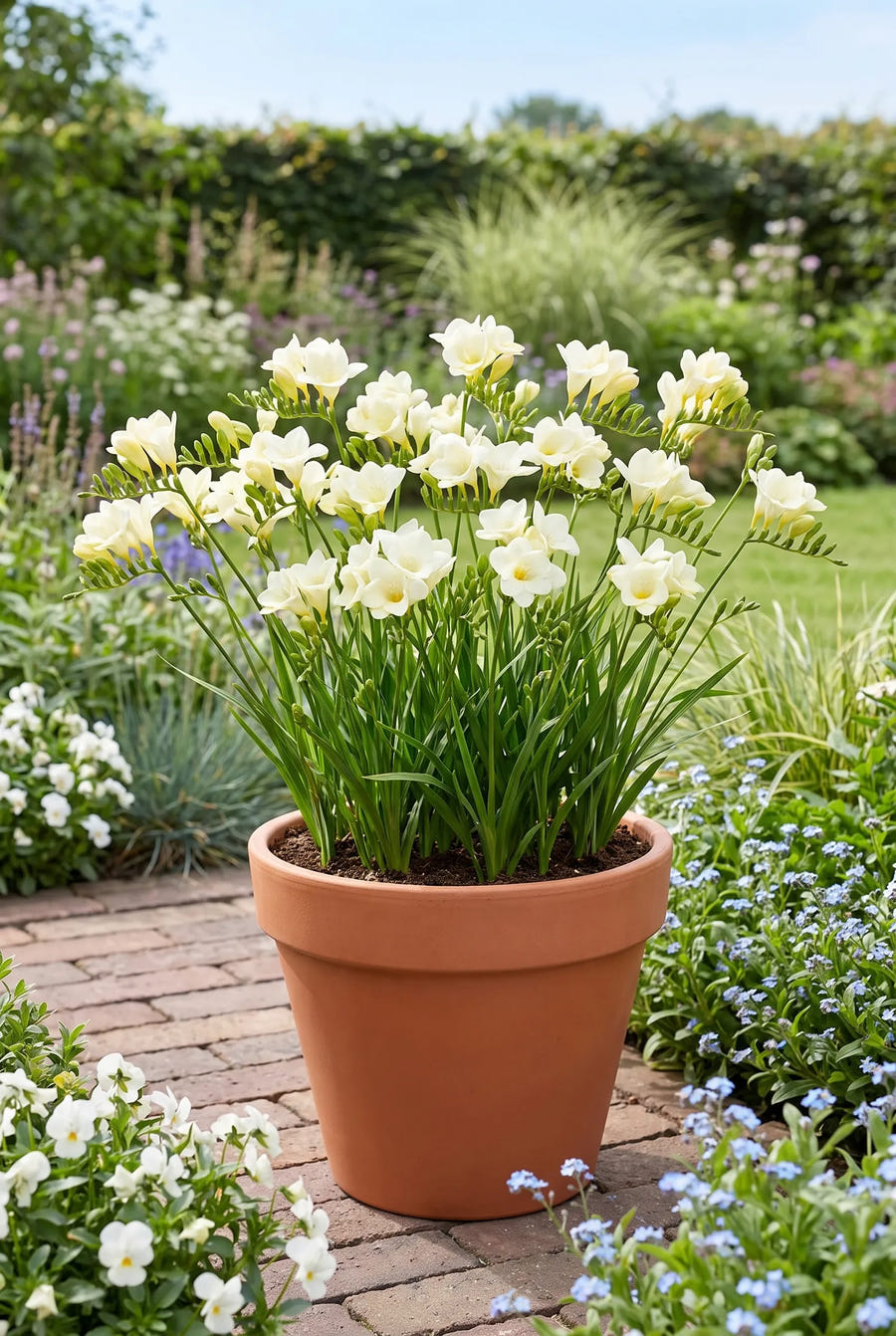 Freesia White — in pot op terras