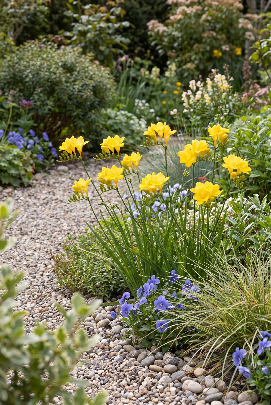 Freesia Yellow — groep in de tuinborder