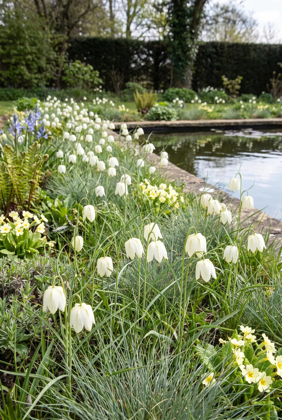 Fritillaria Meleagris Alba — groep in de tuinborder