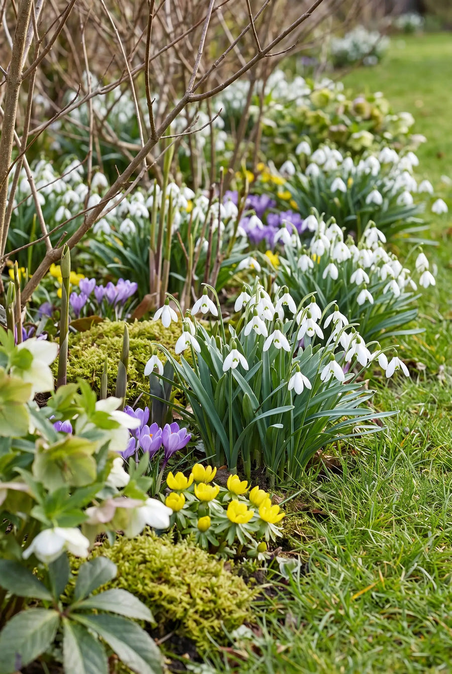 Galanthus Nivalis — groep in de tuinborder