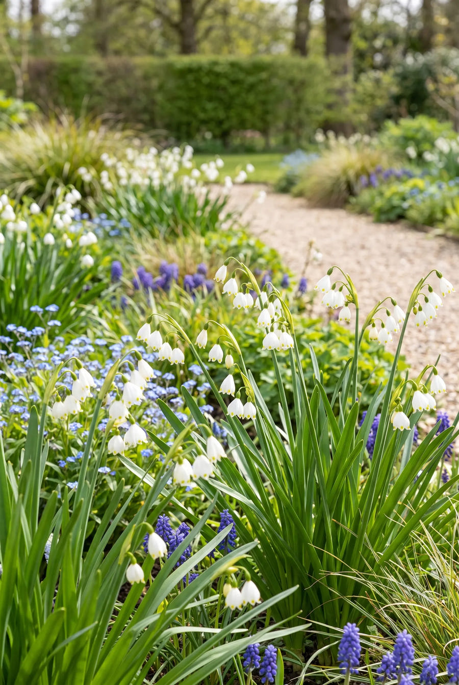 Leucojum Aestivum — groep in de tuinborder