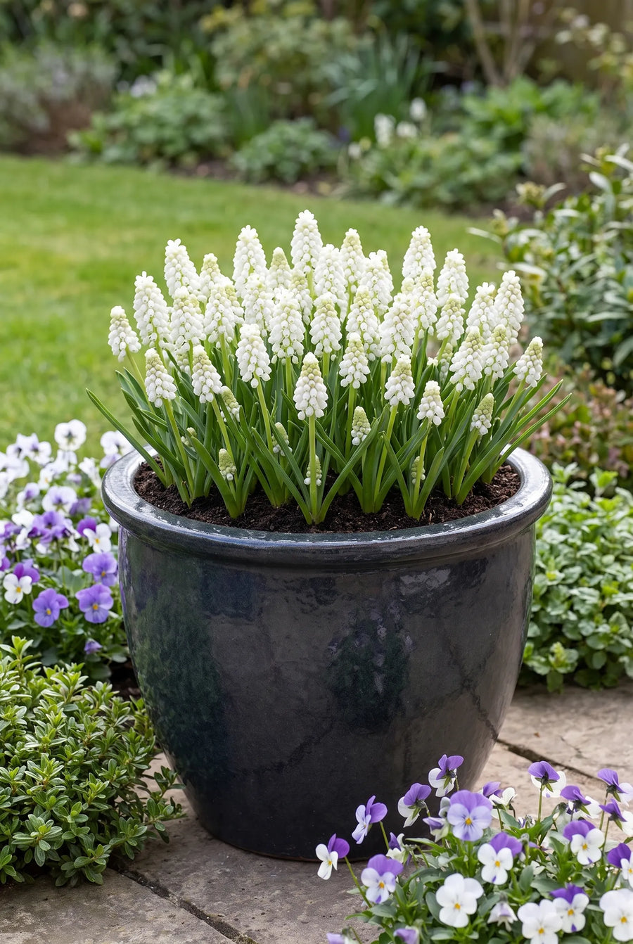 Muscari White Magic — in pot op terras