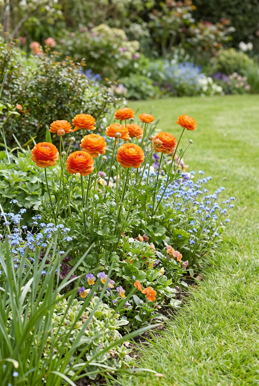 Ranunculus Orange — groep in de tuinborder