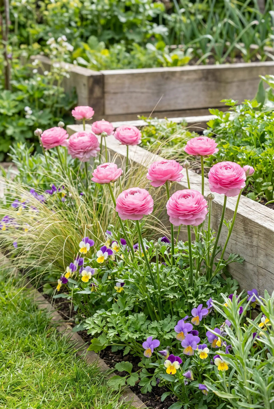 Ranunculus Pink — groep in de tuinborder