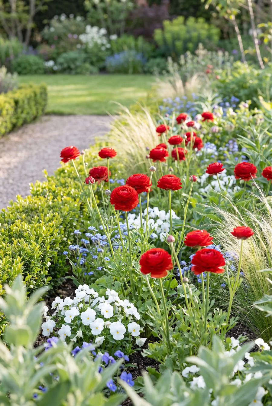 Ranunculus Red — groep in de tuinborder