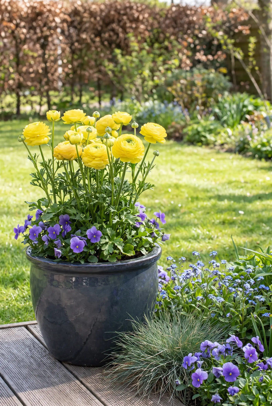 Ranunculus Yellow — in pot op terras