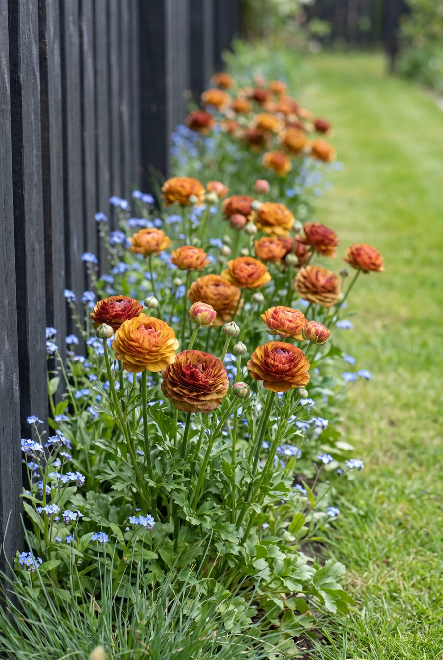 Ranunculus Cafe Picotee — groep in de tuinborder