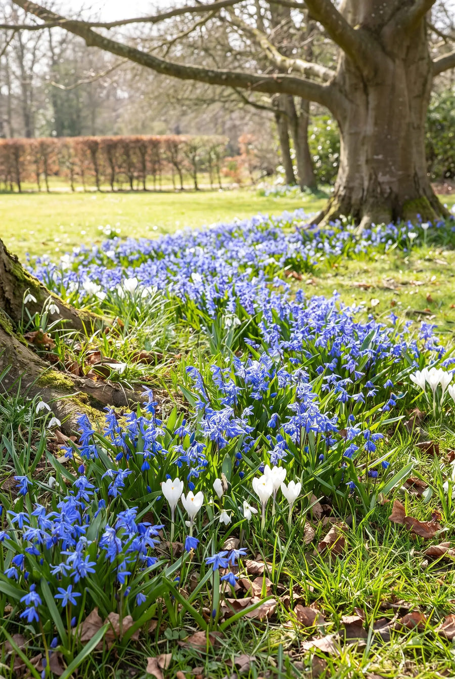 Scilla Siberica — groep in de tuinborder