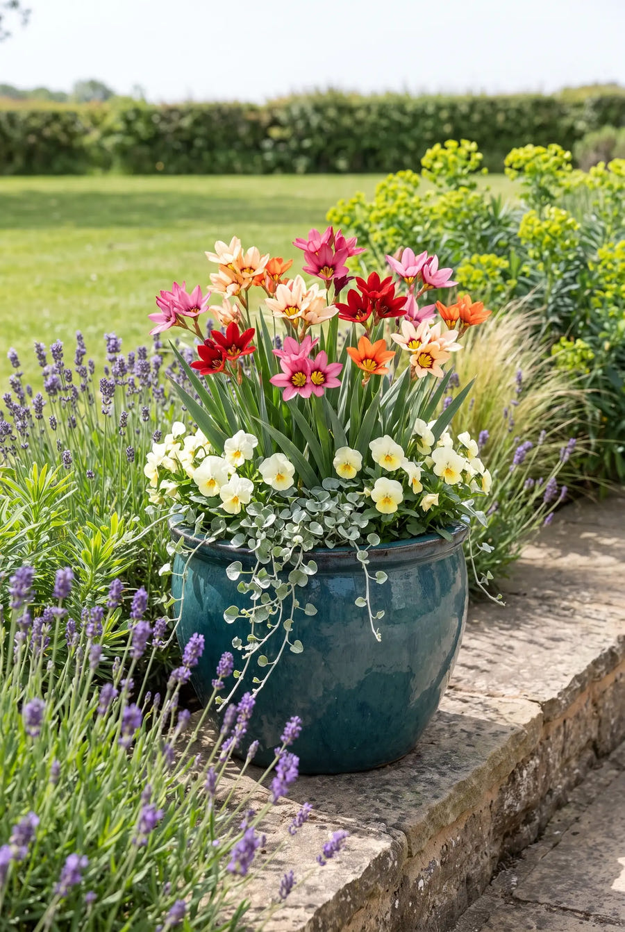 Sparaxis Tricolor Mixed — in pot op terras