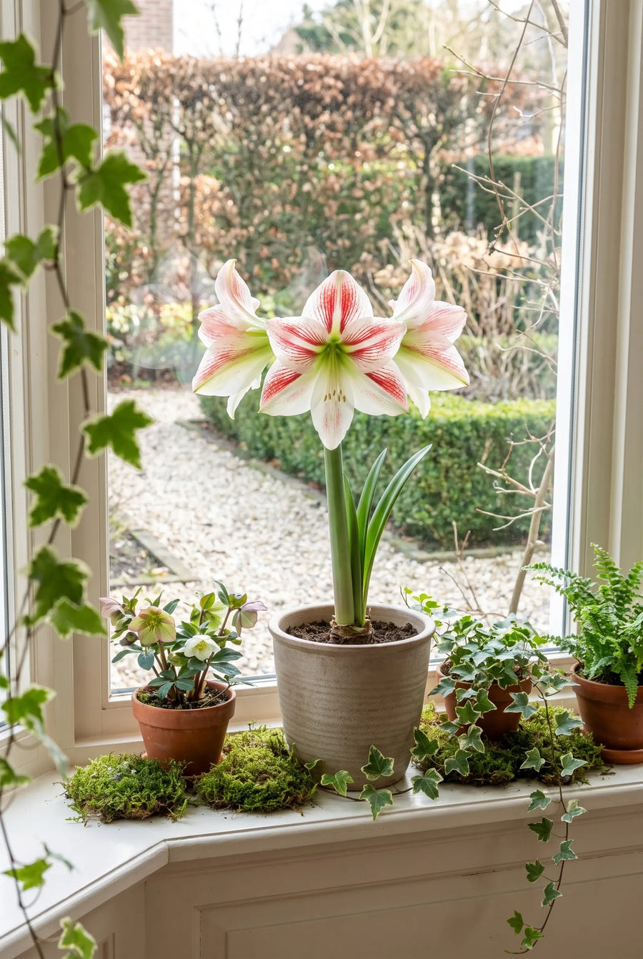 Hippeastrum Clown — in pot op terras