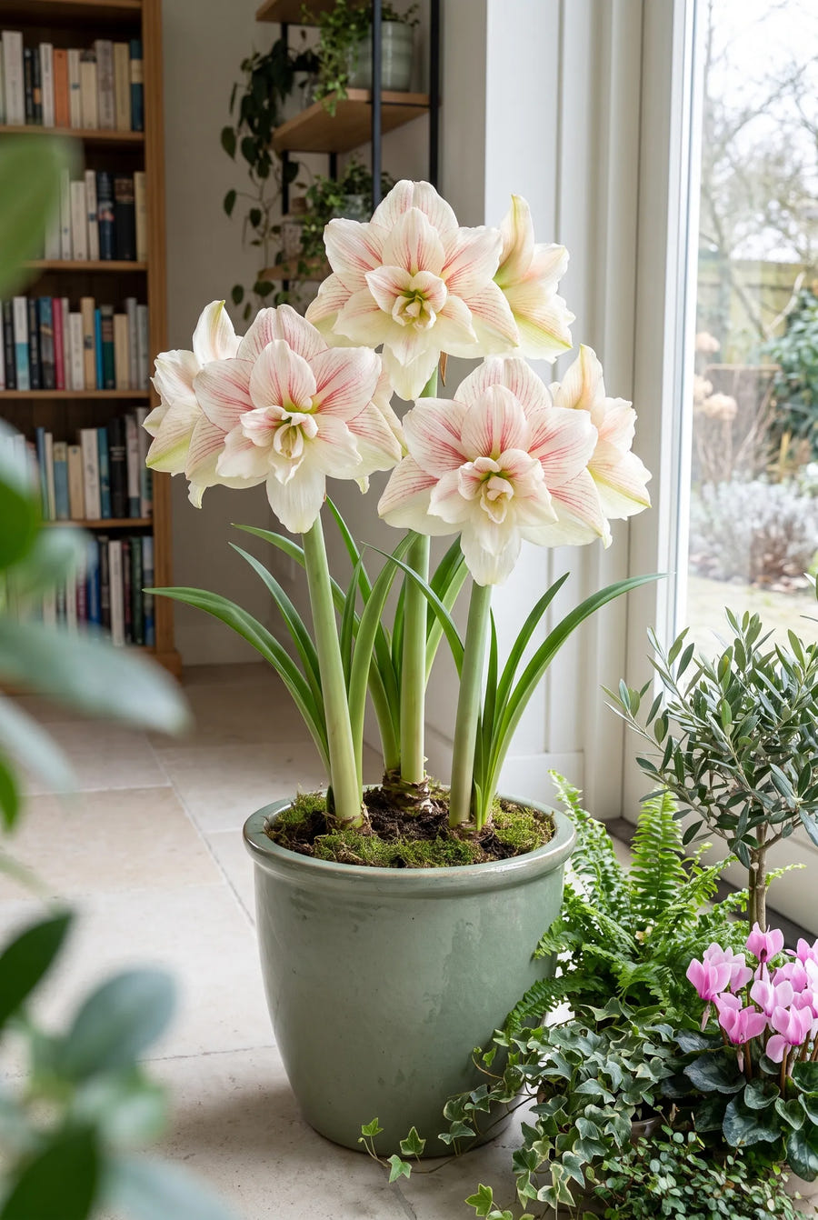 Hippeastrum Nymph — in pot op terras