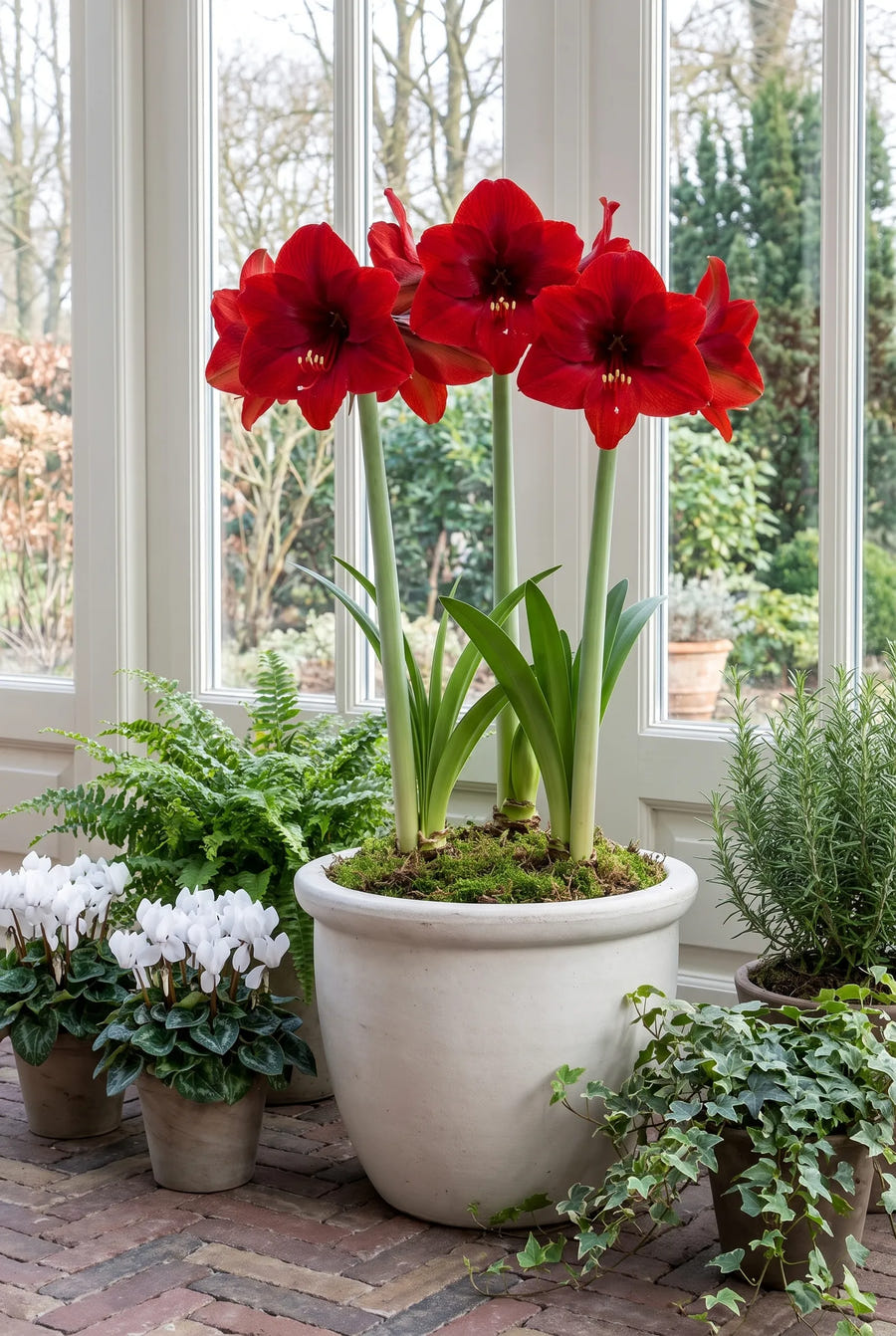 Hippeastrum Red Lion — in pot op terras