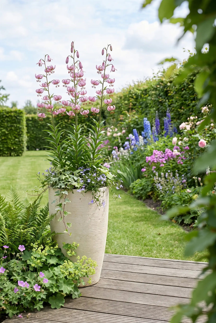 Lilium Pink Morning — in pot op terras