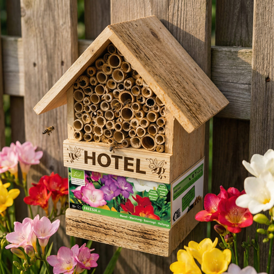 Bienenhotel mit Freesiaknollen