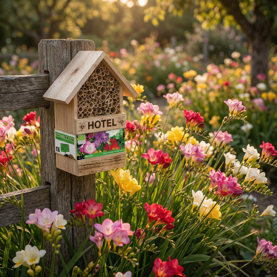 Bienenhotel mit Freesiaknollen