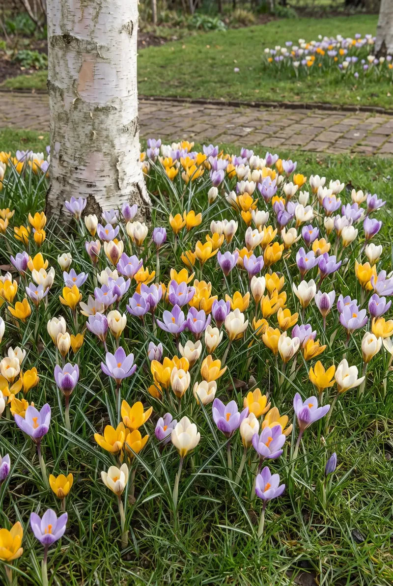 Blühende Krokusse vorne im Beet im zeitigen Frühjahr