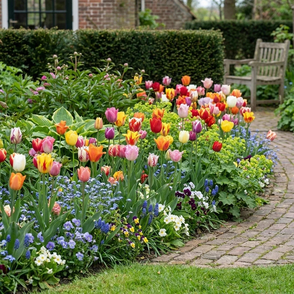 Niederländisches Gartenbeet voller gemischter Tulpen an einem gemauerten Weg, davor Vergissmeinnicht und Traubenhyazinthen